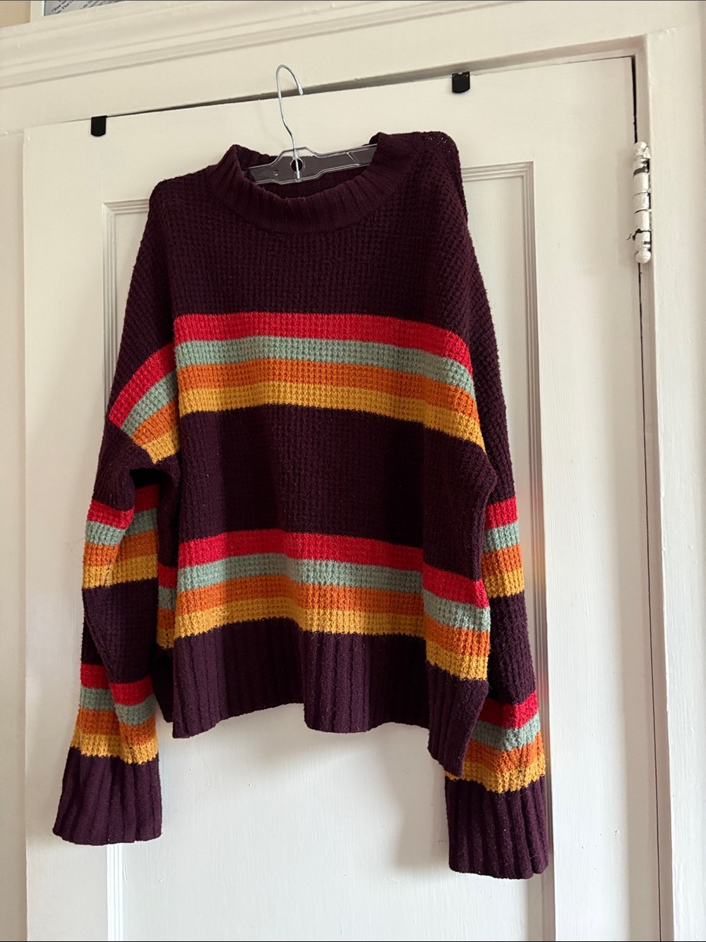 SO Burgundy Crewneck Sweater with Multicolor Stripes